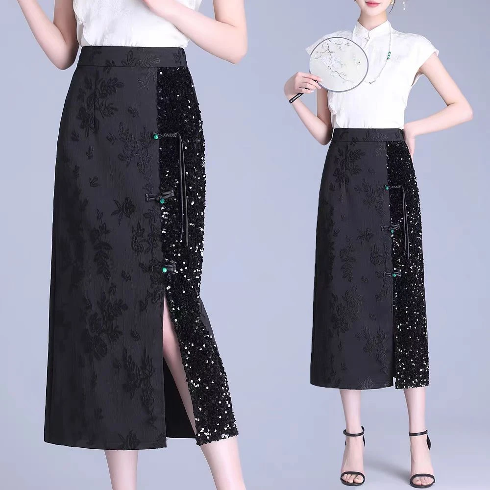 国风2025新款亮片提花拼接钉珠盘扣半身裙直筒裙新中式a字裙