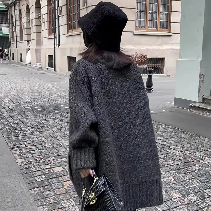 法芬图粗针织毛线毛衣开衫女2025秋冬季新款宽松显瘦针织灰色外套