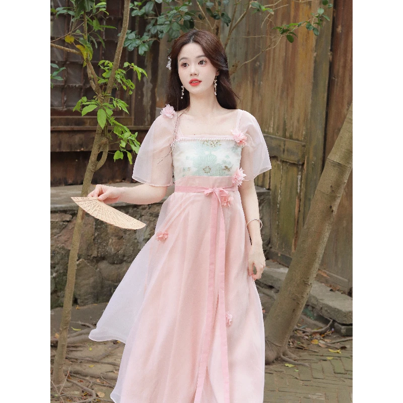 瑶西【粉瓷】粉色长款裙子2025夏季新款长裙汉服新中式连衣裙