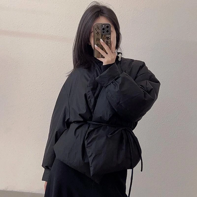 韩版时尚系带收腰显瘦黑色棉衣棉服女2025冬季新款设计感小众外套