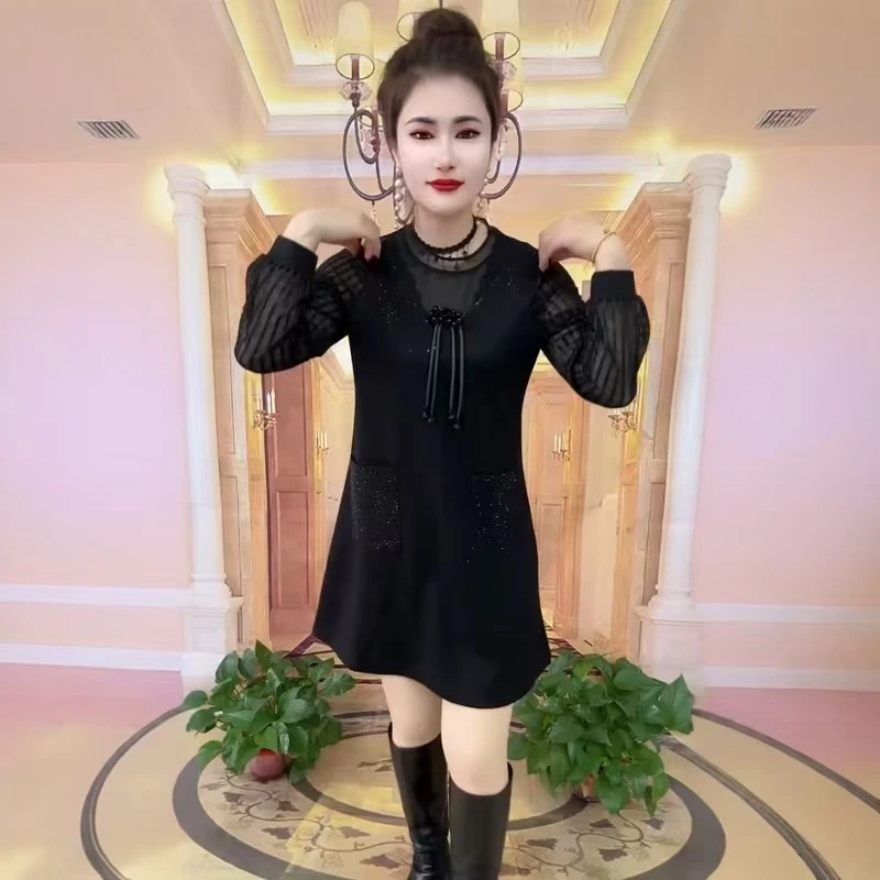 春季新款盘扣国风连衣裙宽松遮肚显瘦时尚气质百搭减龄拼接中长裙