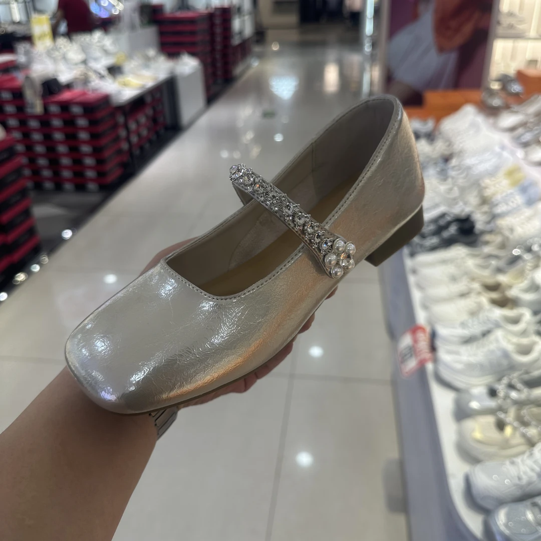 7236一字式扣带方头低跟粗跟水钻单鞋玛丽珍