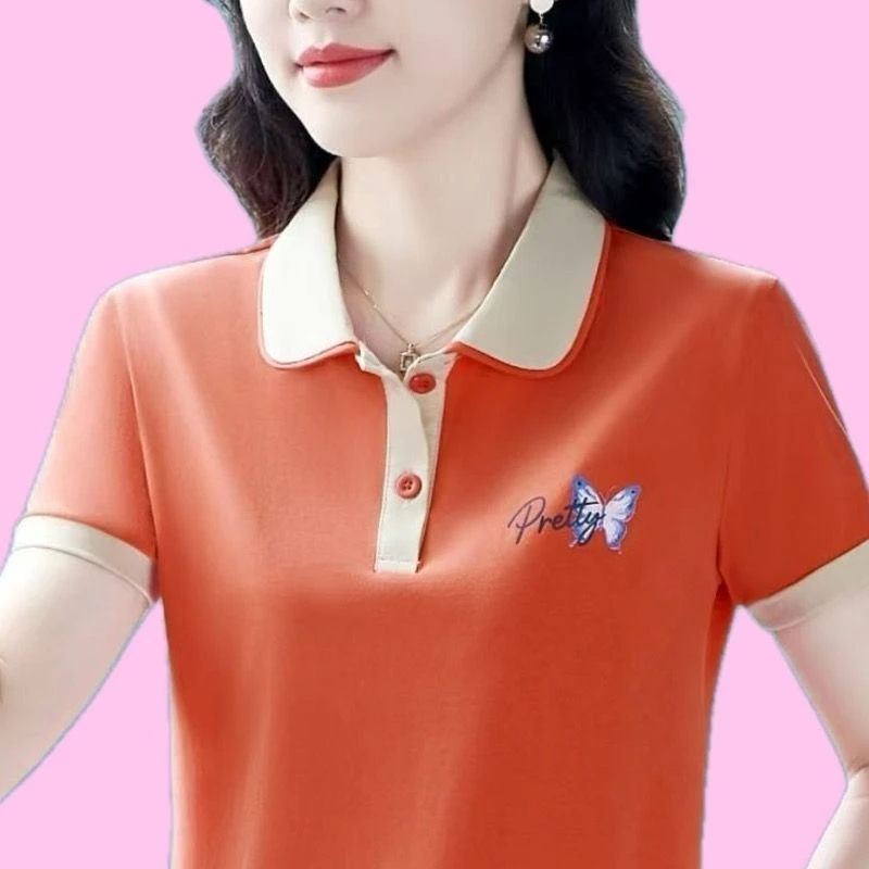 828桔色夏季运动POLO衫绣花短袖T恤女妈妈装洋气减龄翻领上衣潮