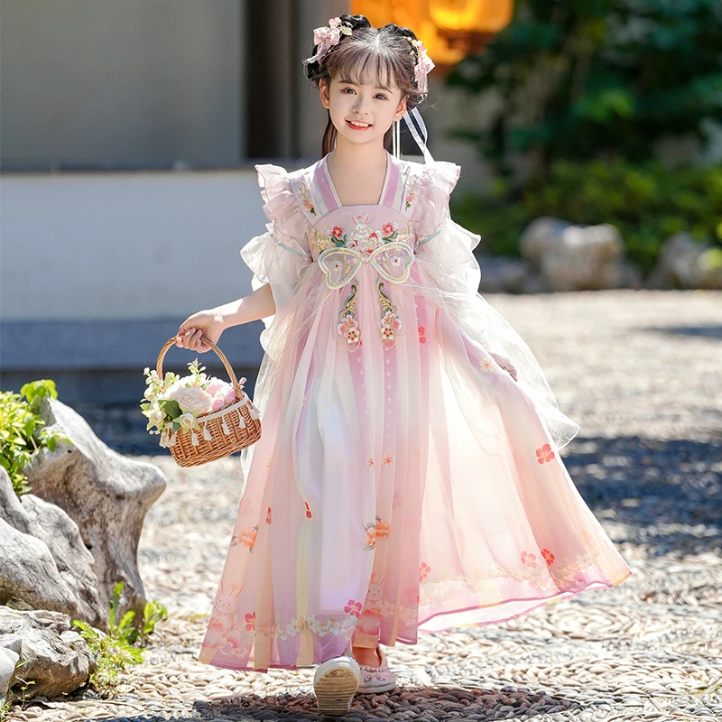 SL3185【青】汉服女童夏季古装连衣裙2025新款小女孩夏古风公主裙子