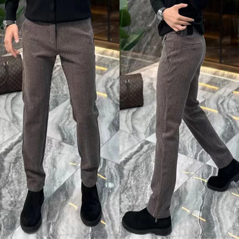 潮牌男裤高档潮流雪尼尔休闲裤男春秋季修身显瘦商务条纹毛呢西裤