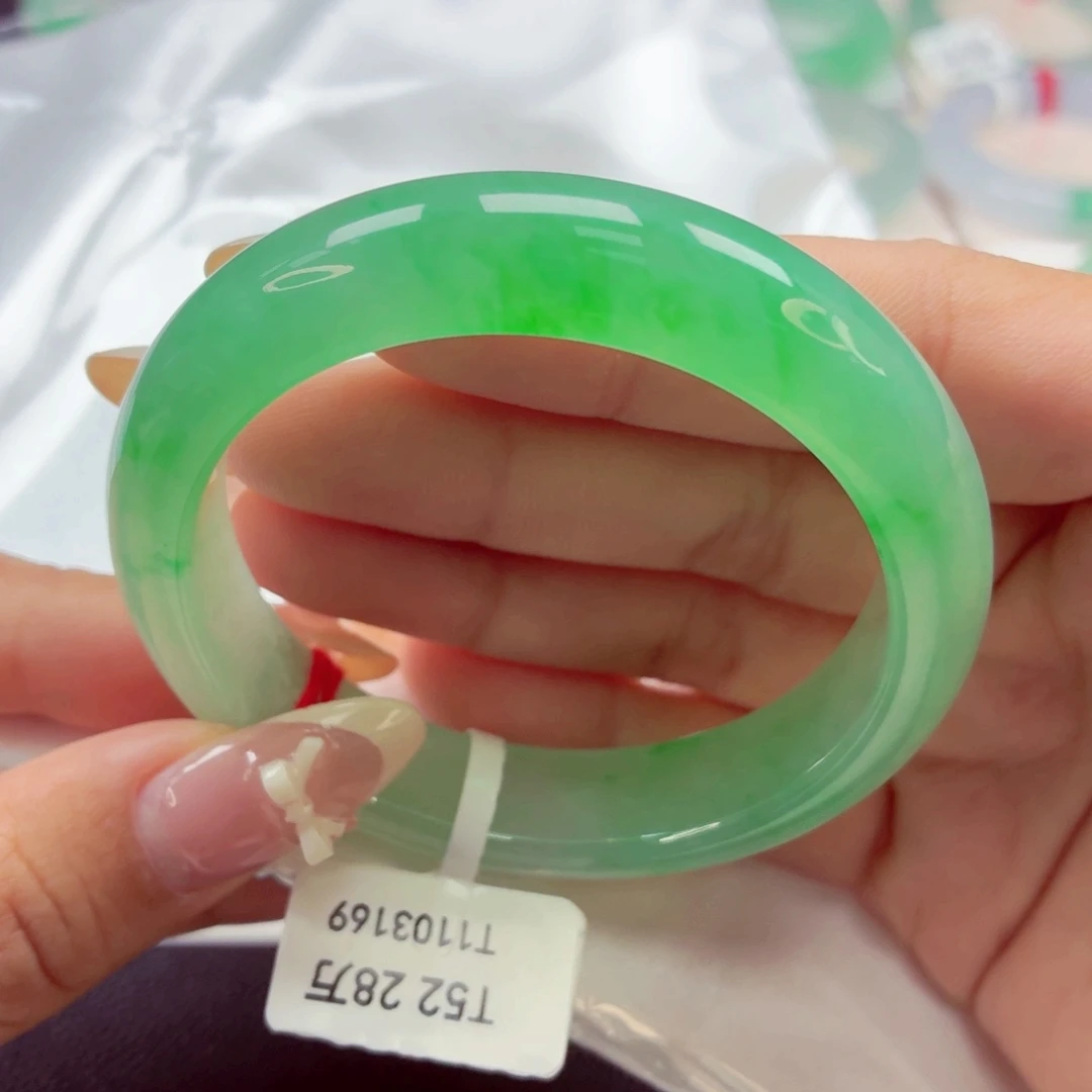 翡翠未镶嵌手镯68冰胶甜阳绿点翠52.2-16