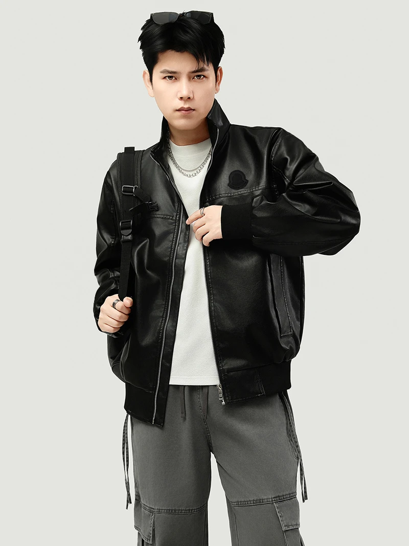 秋冬潮流机车皮衣夹克男外套重工水洗美式百搭立领宽松情侣款上衣
