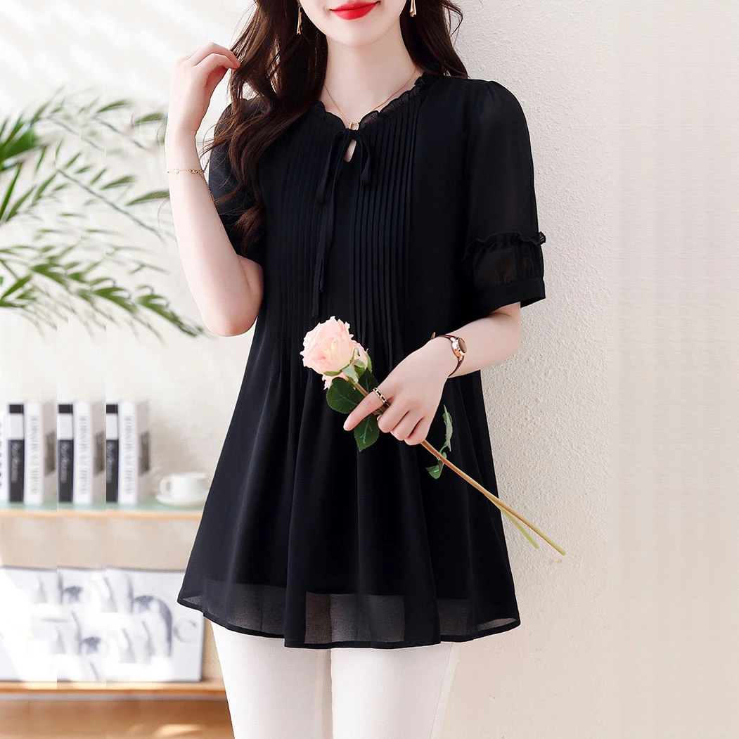 夏季雪纺衫宽松显瘦黑色荷叶边系带大码女装胖mm200斤中长款T恤