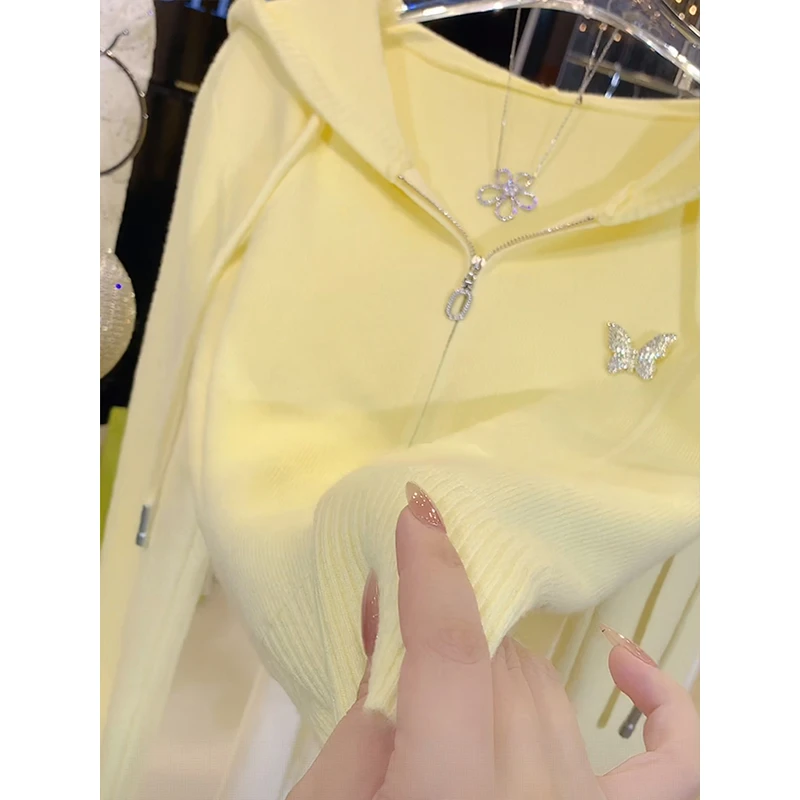 连帽双拉链长袖针织衫女2025秋冬毛衣开衫时尚洋气百搭外套上衣