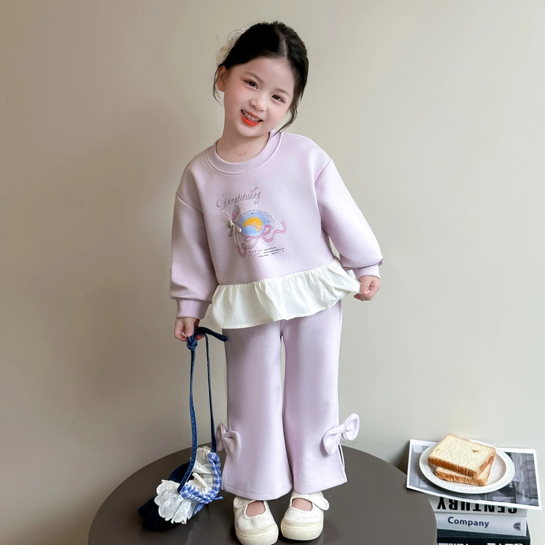 女小童春秋款长袖花边卫衣套装洋气2025新款儿童装秋季甜美喇叭裤