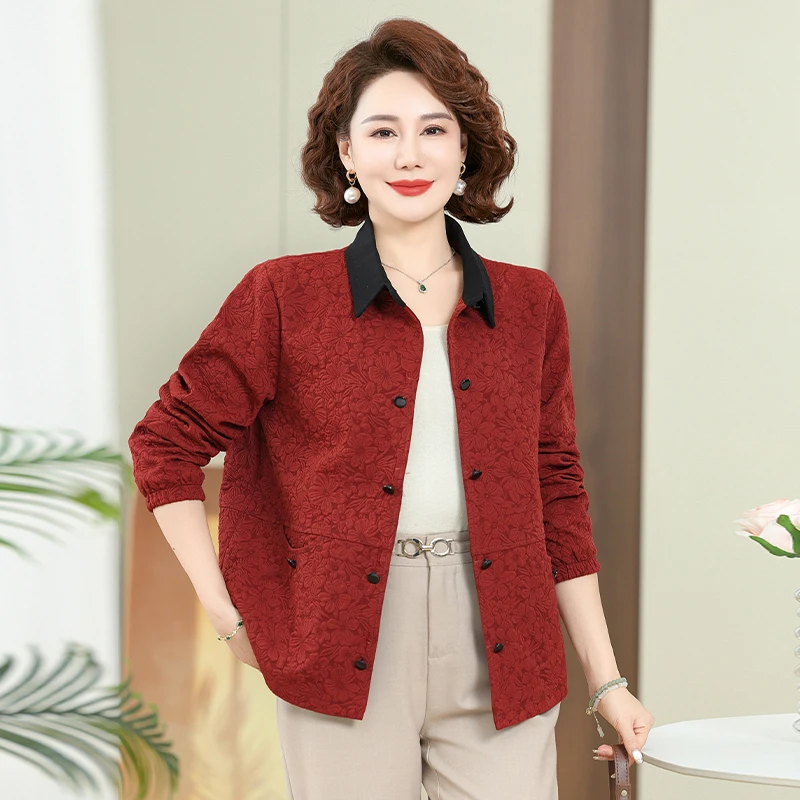 W8020 春季中老年洋气妈妈装休闲简约宽松提花翻领长袖外套