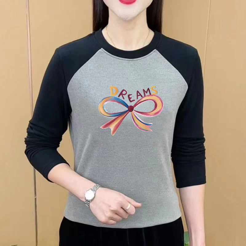 100%纯棉长袖打底t恤女圆领撞色百搭秋衣韩版春秋季时尚印花上衣