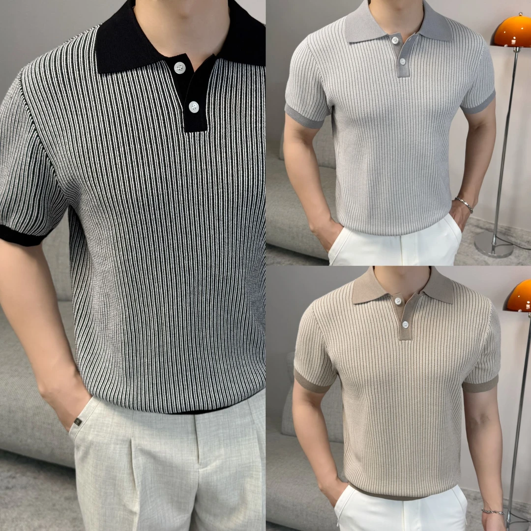老钱风复古竖条纹翻领POLO衫男高级感优雅通勤透气针织衫短袖T恤