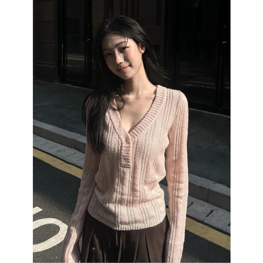 早秋时尚领毛织上衣女2025竖坑条螺纹镂空针织衫#C1153