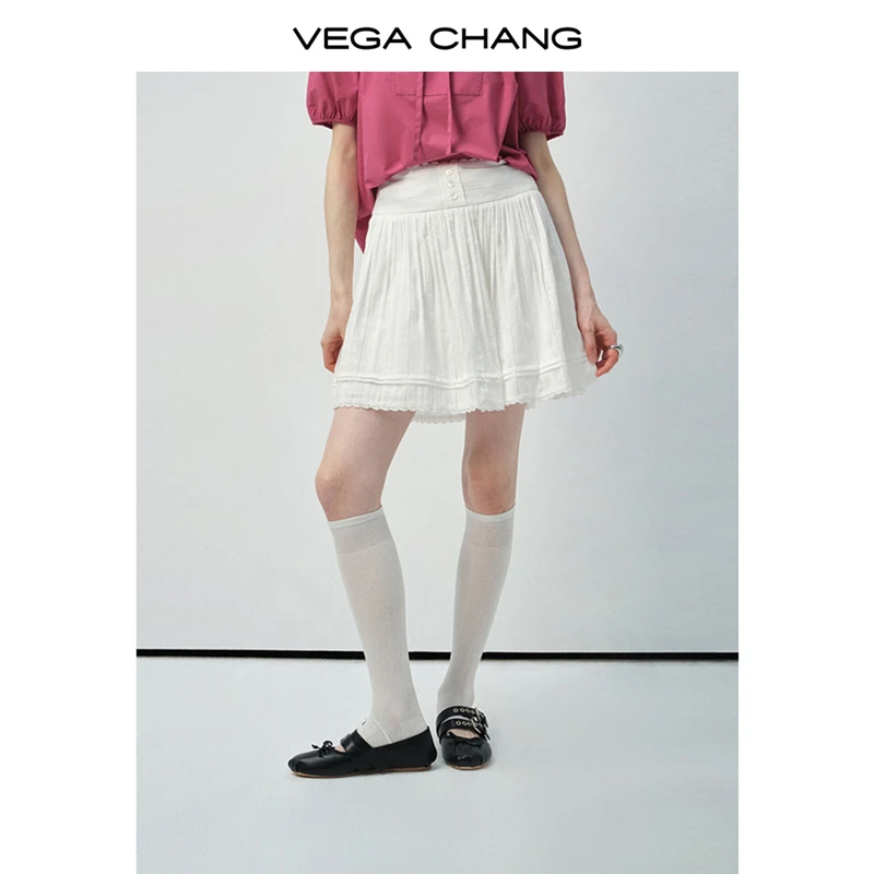 VEGA CHANG白色半身裙女夏2025新款气质高腰蕾丝拼接百褶裙0867SQ