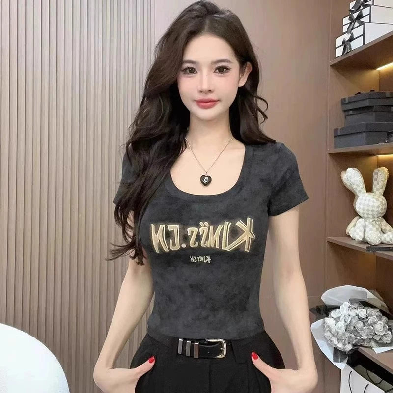 韩版修身百搭休闲短袖T恤女2025夏季新款字母印花打底衫短款上衣