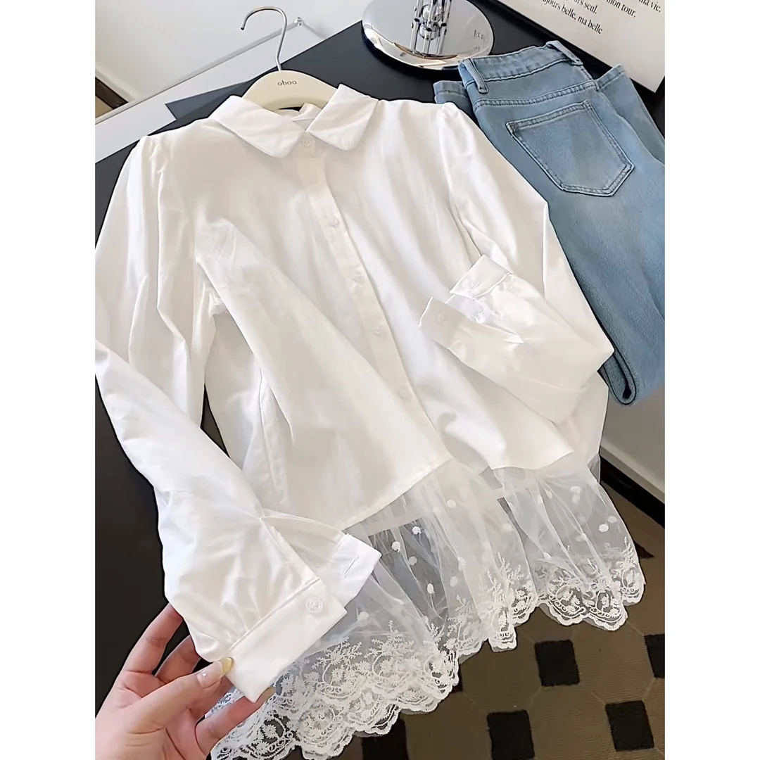 韩系polo领蕾丝拼接衬衫女2025年早春新款气质叠穿屁帘上衣