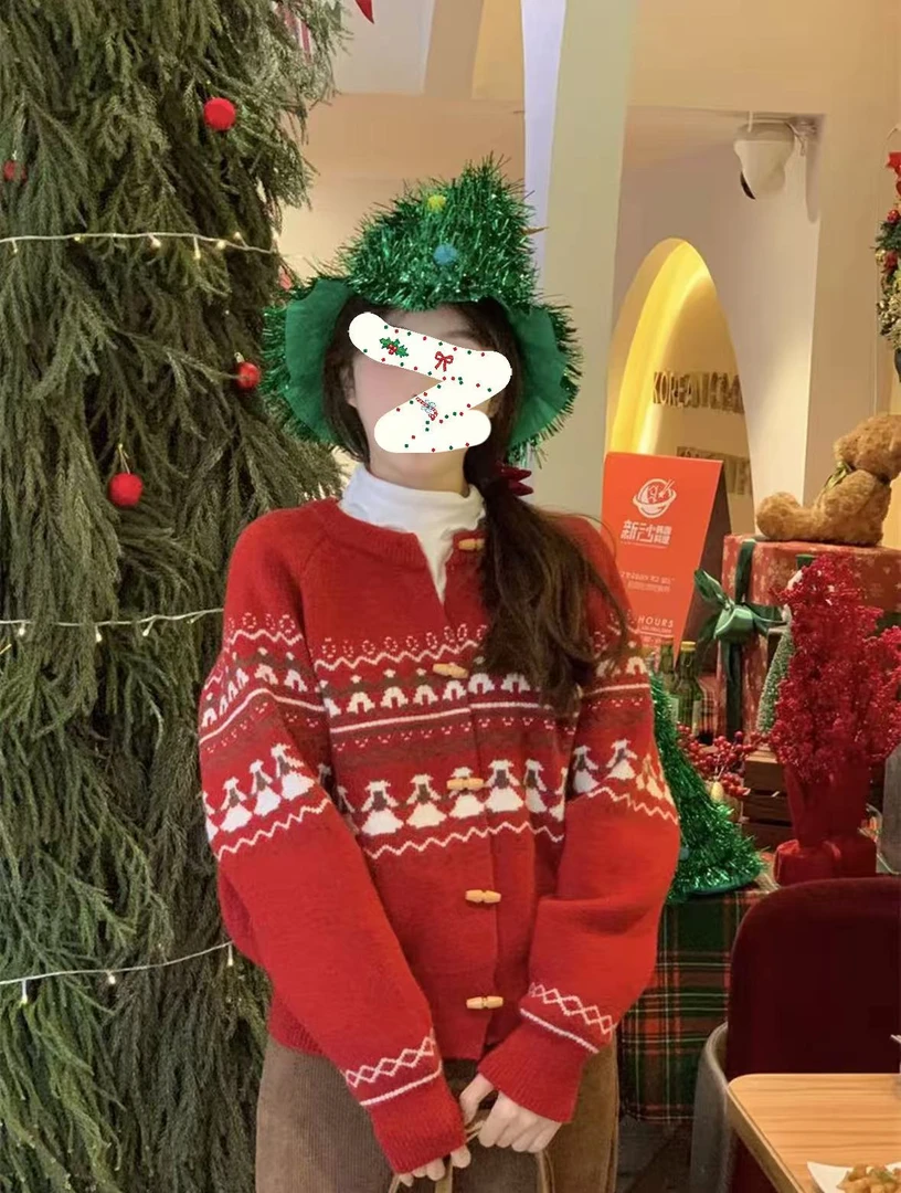 韩版撞色提花红色针织开衫女宽松慵懒风外搭上衣秋冬新款毛衣外套