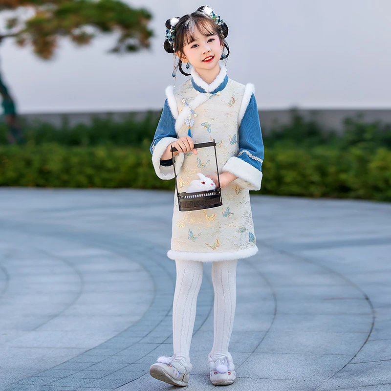 女童秋冬季加绒拜年服儿童新中式国风旗袍裙小女孩新款连衣裙