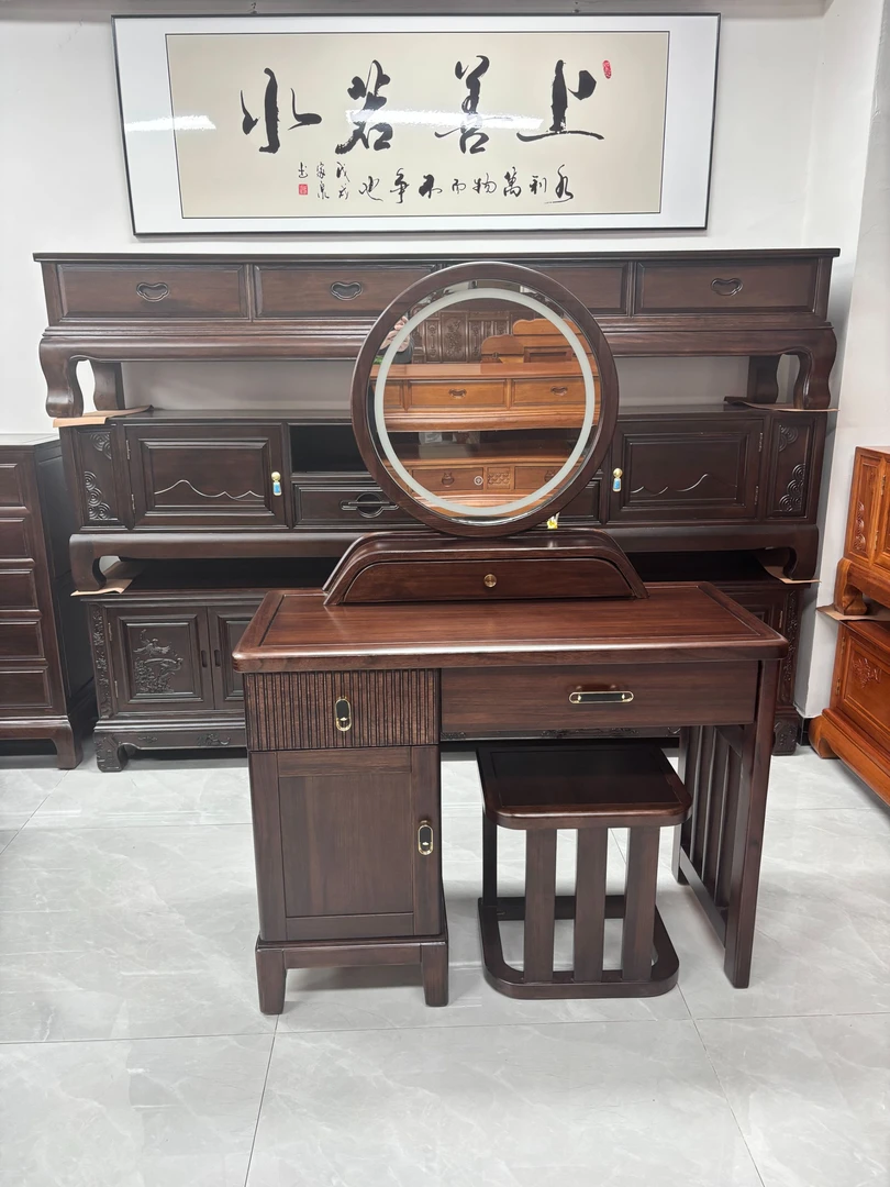 圆型带镜子带妆凳新中式梳妆台写字台储物两用书桌客厅