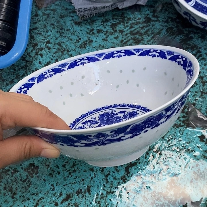 摆件7寸青花缠枝牡丹玲珑汤碗