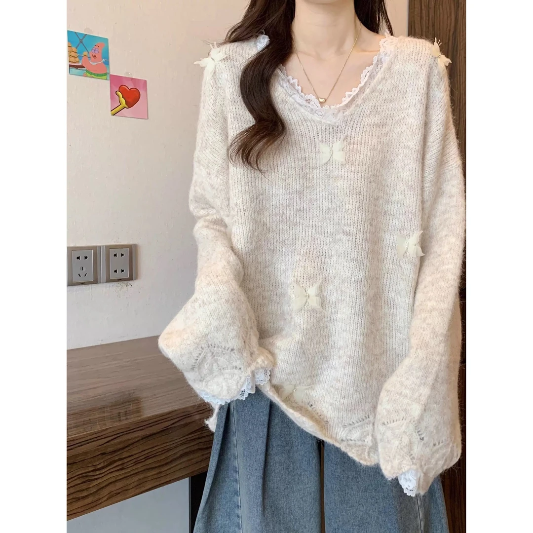 蕾丝边立体蝴蝶设计感套头毛衣女2025秋冬新款宽松显瘦针织衫上衣