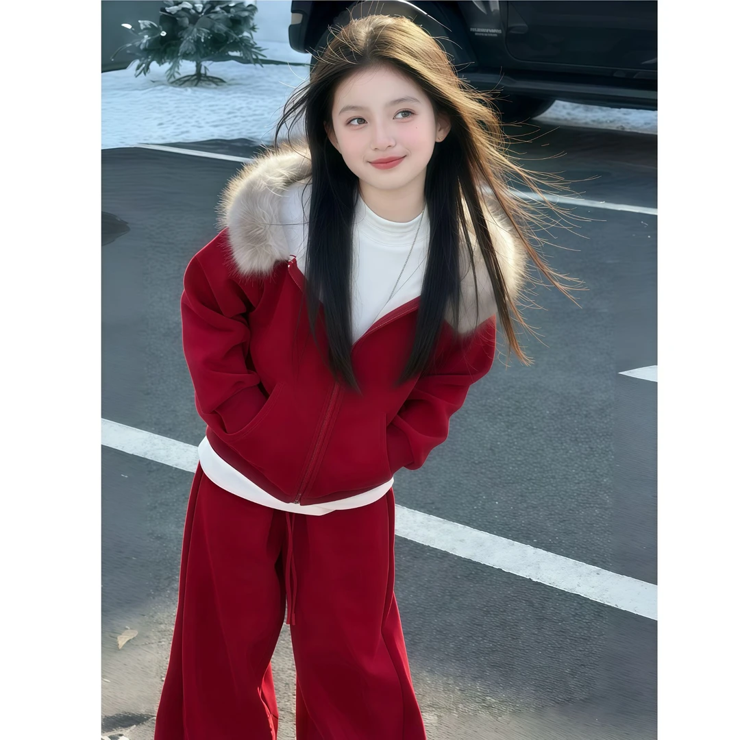 女童加绒套装秋冬装2025新款拜年服红色卫衣潮酷女孩冬季儿童衣服