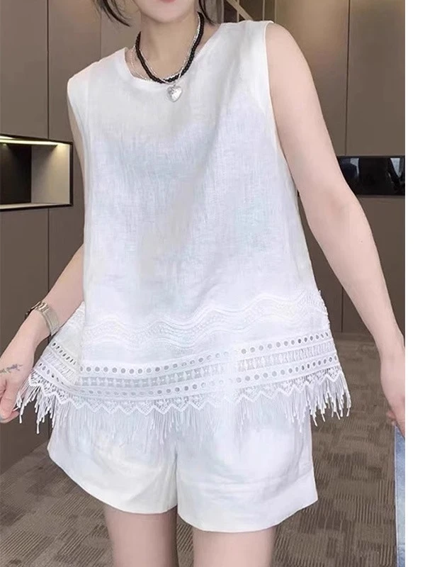 欧洲站新款亚麻天丝时尚两件套女后开叉蕾丝流苏背心休闲短裤套装