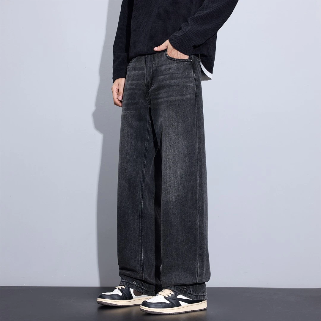 Kuvine2025秋季高街宽松直筒cleanfit百搭磨边金属镂空牛仔裤男款