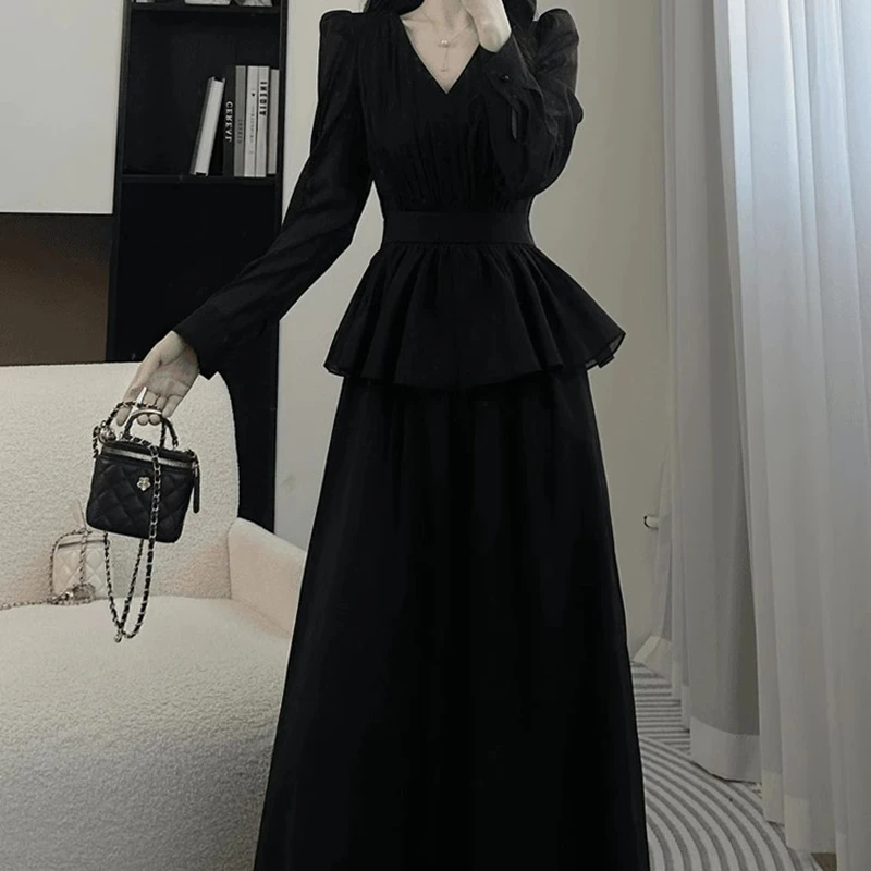 【有里布】春季长袖连衣裙气质高端荷叶边假两件法式大摆长裙D0384