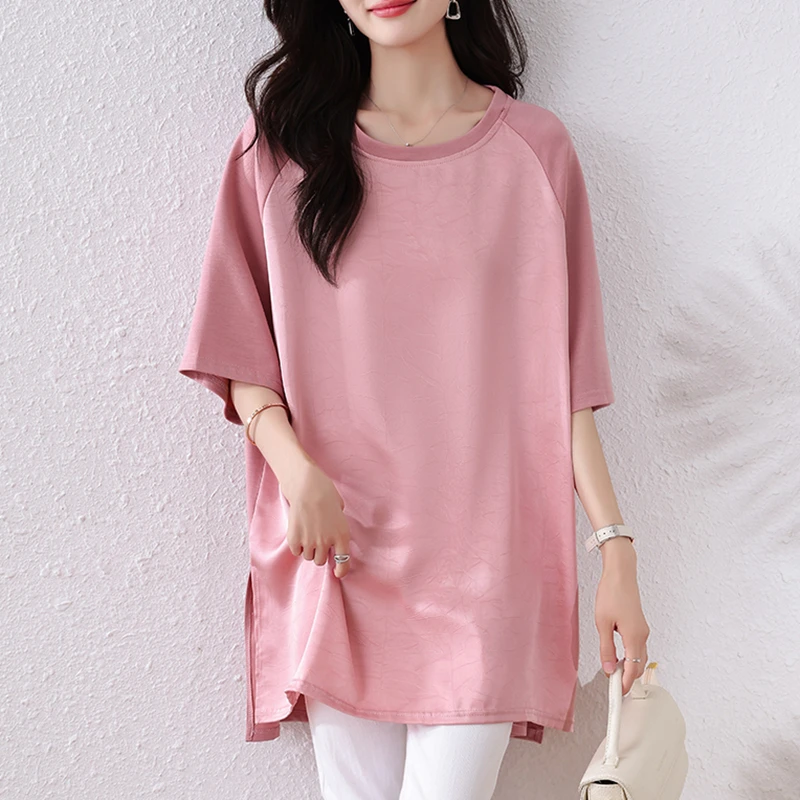 欧货缎面拼接短袖T恤女2025新款夏季大码胖mm宽松遮屁股中长上衣