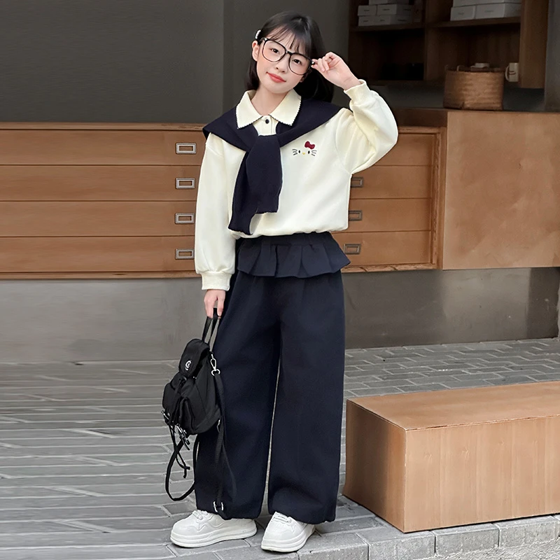 女童新款秋款套装套头儿童女童长袖扣女唐女童夏季小亚麻混纺童装