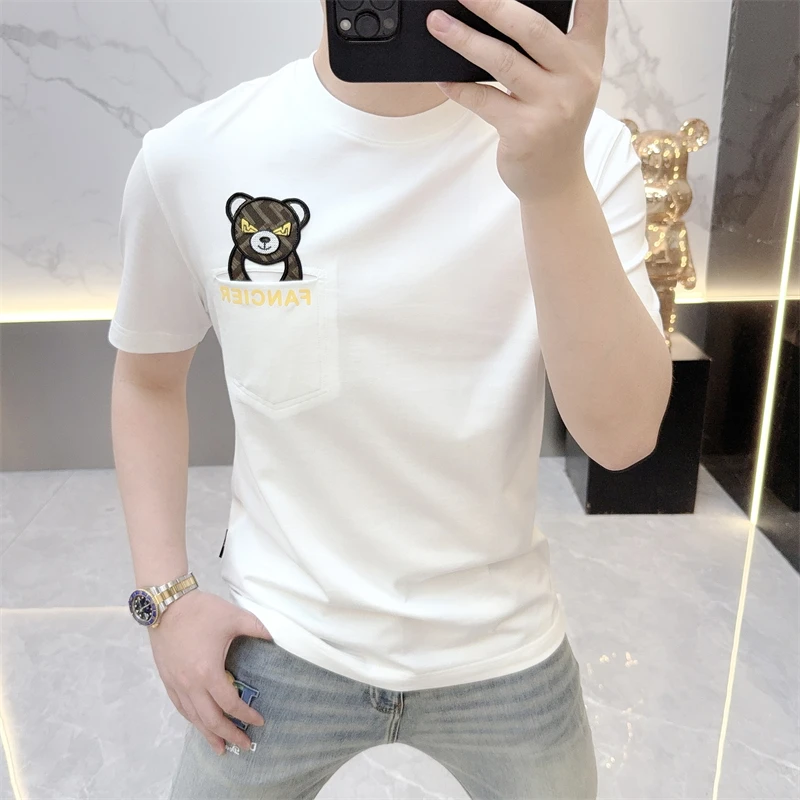 冰希潮牌.小众轻奢时尚百搭小熊口袋设计男士圆领T恤2025夏季新款