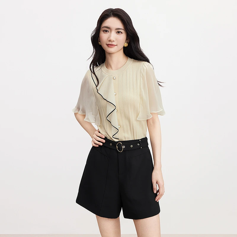 【出游穿搭】珂莱蒂尔法式短袖夏季荷叶边衬衫气质百搭宽松女士小衫