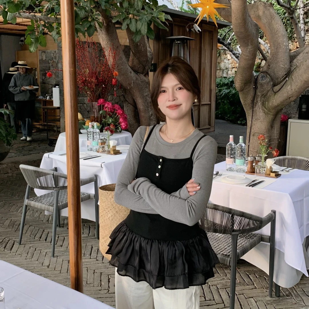 漫姐的店【小芭蕾】2025春夏花边百搭T恤叠穿吊带背心两件套