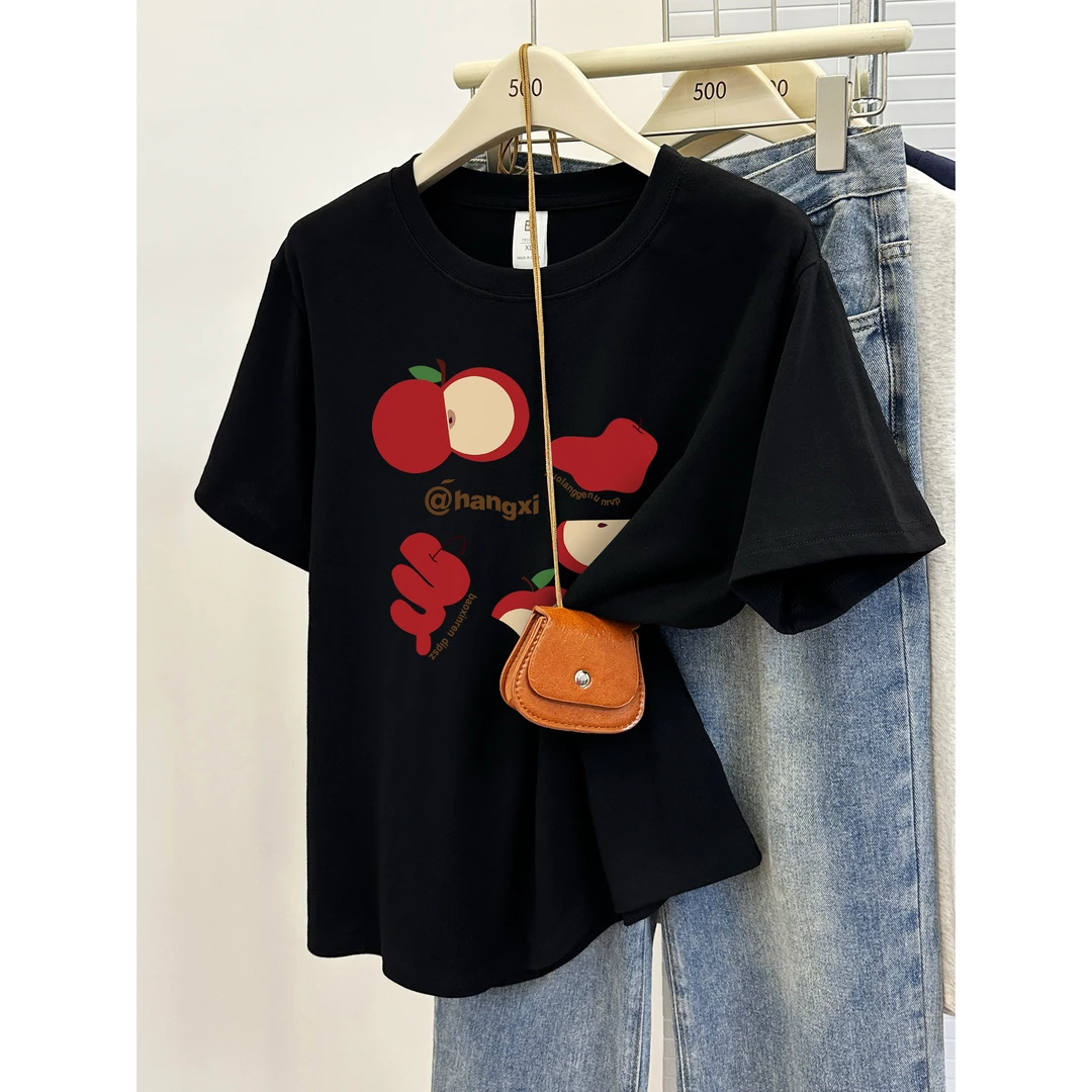 大码正肩设计感苹果印花上衣潮女夏季新款时尚百搭遮肚子短袖t恤