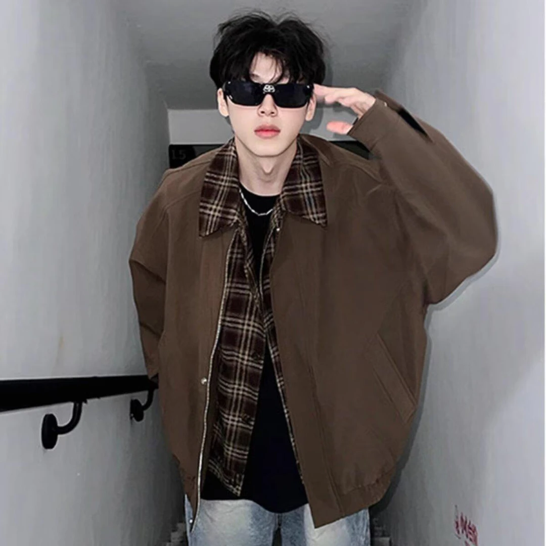 古着vintage拼接格子外套男春秋季穿搭假两件夹克翻领短款棒球服