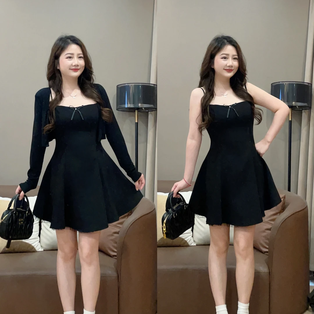 大萌萌【现货】赫本风收腰吊带连衣裙+开衫夏季微胖显瘦P225Q11323