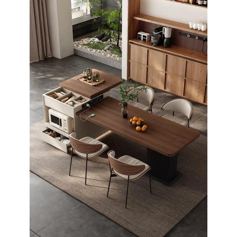 胡桃色木纹岩板岛台餐桌一体意式中古风桌面可伸缩岛头可推拉吧台