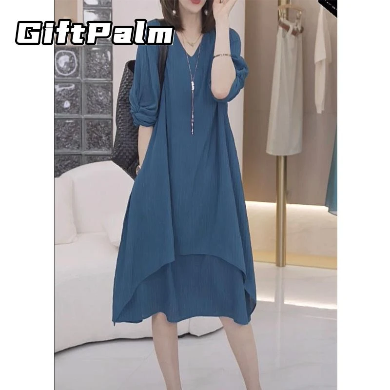 GiftPalm高质量时尚轻奢连衣裙大码遮肉遮胯宽松显瘦过膝裙子夏季