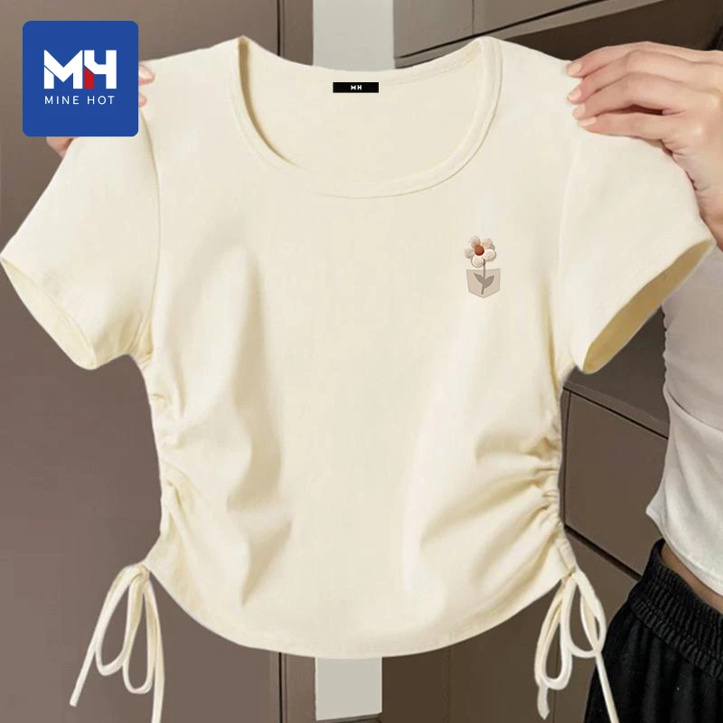 唐狮集团MH正肩短袖t恤女夏季设计感小众奶白法式甜辣风上衣服H