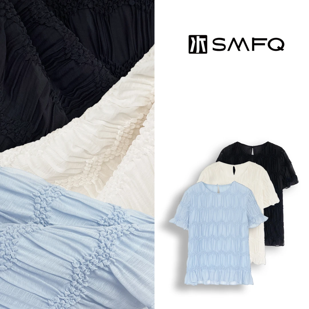 水木夫妻"肌理叠光"春夏褶皱纹理纱高级感显瘦短袖上衣