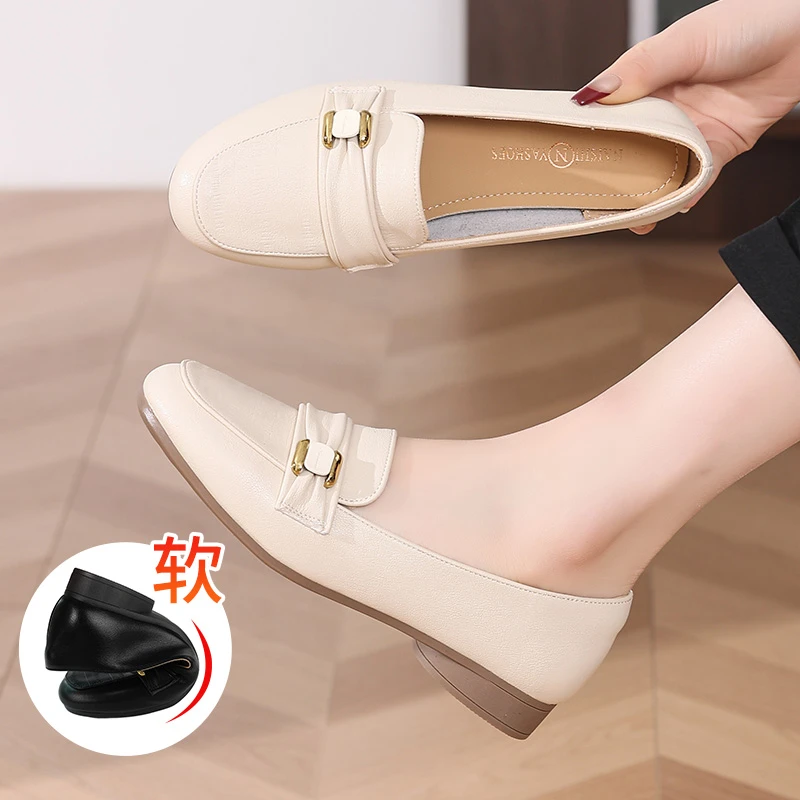 时尚百搭真皮女士白色单鞋平底浅口鞋子软底软面透气圆头皮鞋女鞋