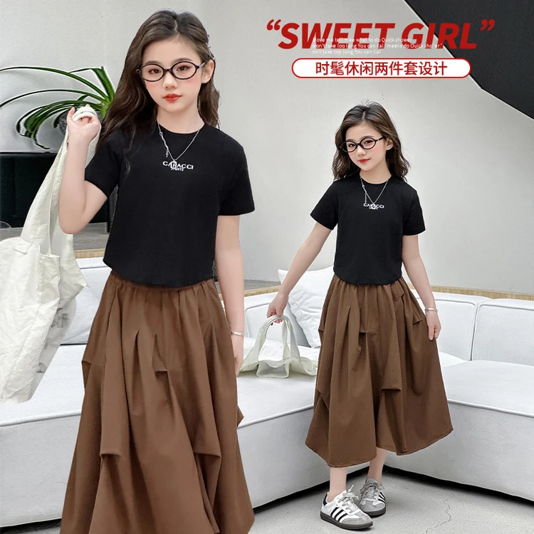 女童2025夏季新款时尚韩版休闲半身裙洋气中大童百搭T恤两件套潮