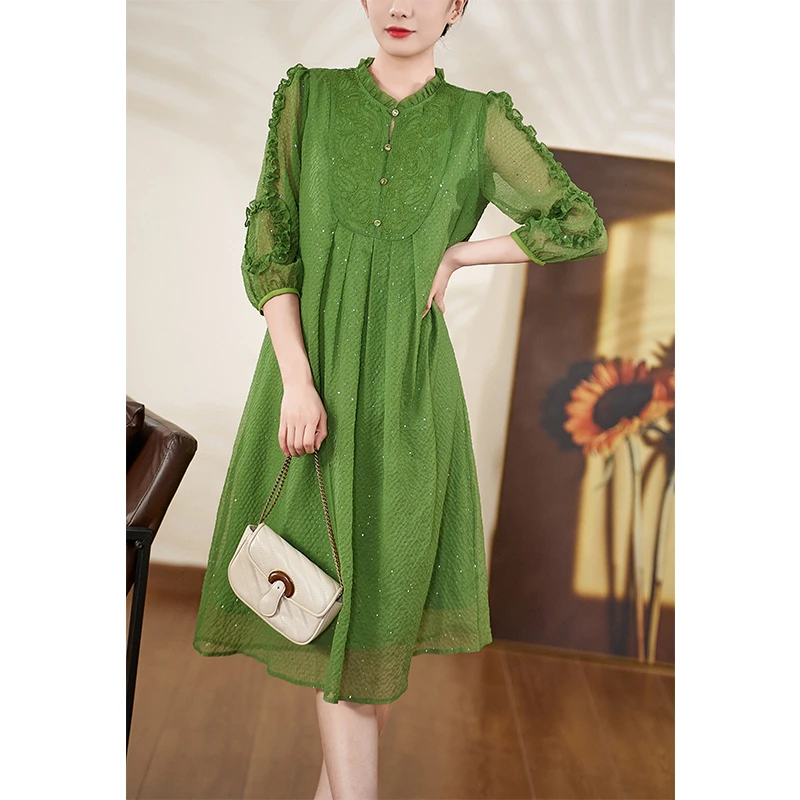 迪欧芙2025年夏季新款绿色清新气质七分袖中长款连衣裙#XLQ18258