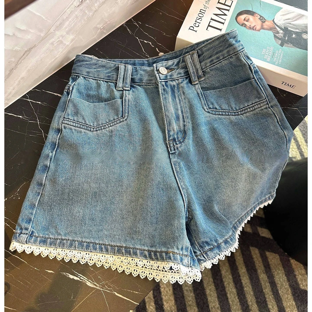 蓝色蕾丝花边牛仔短裤女2025夏季新款小个子高腰显瘦阔腿A字热裤