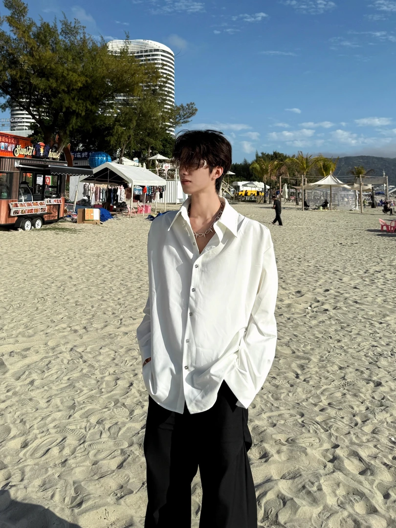 行星世界 美式高街纯色欧美风时尚潮牌宽松廓形长袖衬衫男衬衣