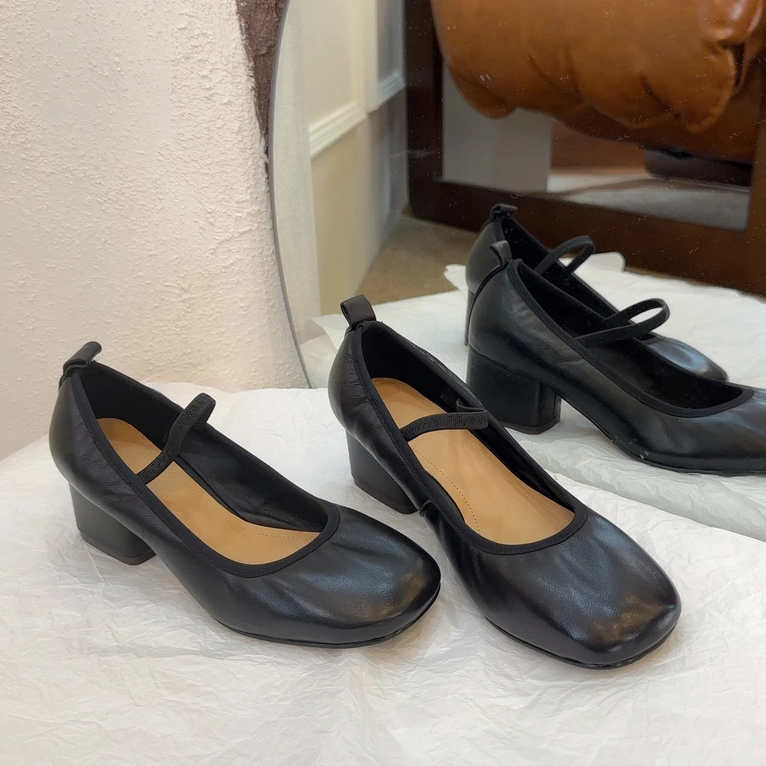 【王二今】羊皮/5CM/圆方头粗跟气质日常通勤一字带气质玛丽珍单鞋