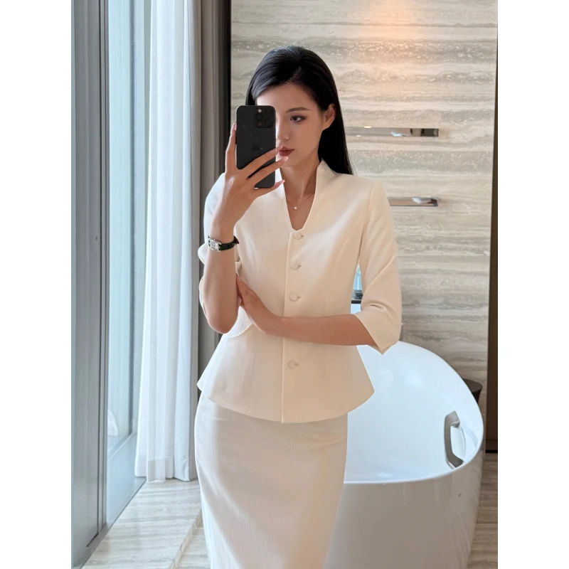 夏日chic 高阶女绅士知性V领单排多扣醋酸西装半身裙两件套装3498