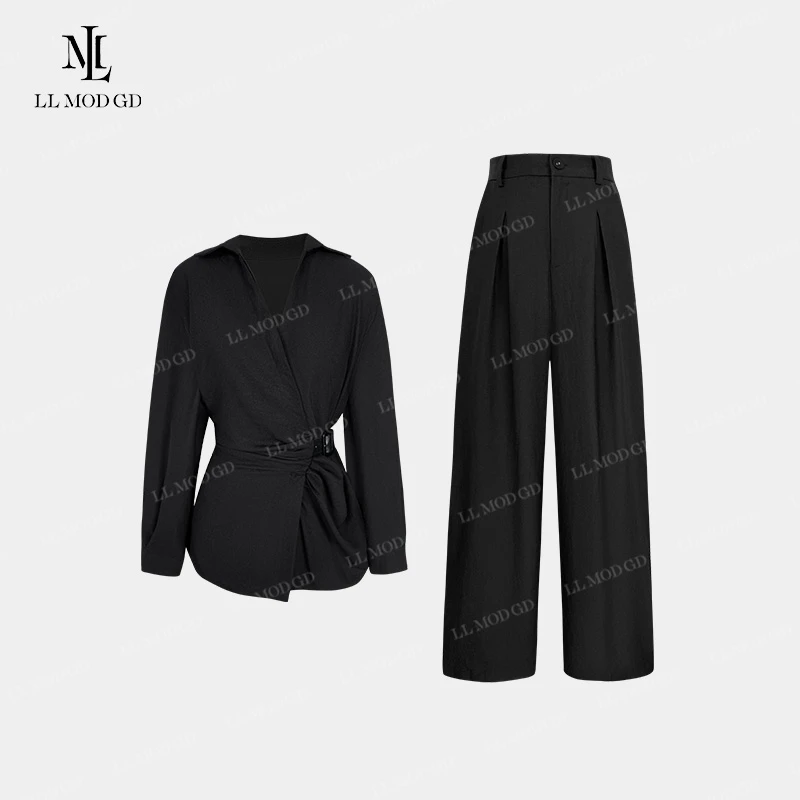 LL·MOD·GD【苏苏】白茶原麻 褶皱V领长袖衬衫+高腰阔腿裤YL-260205